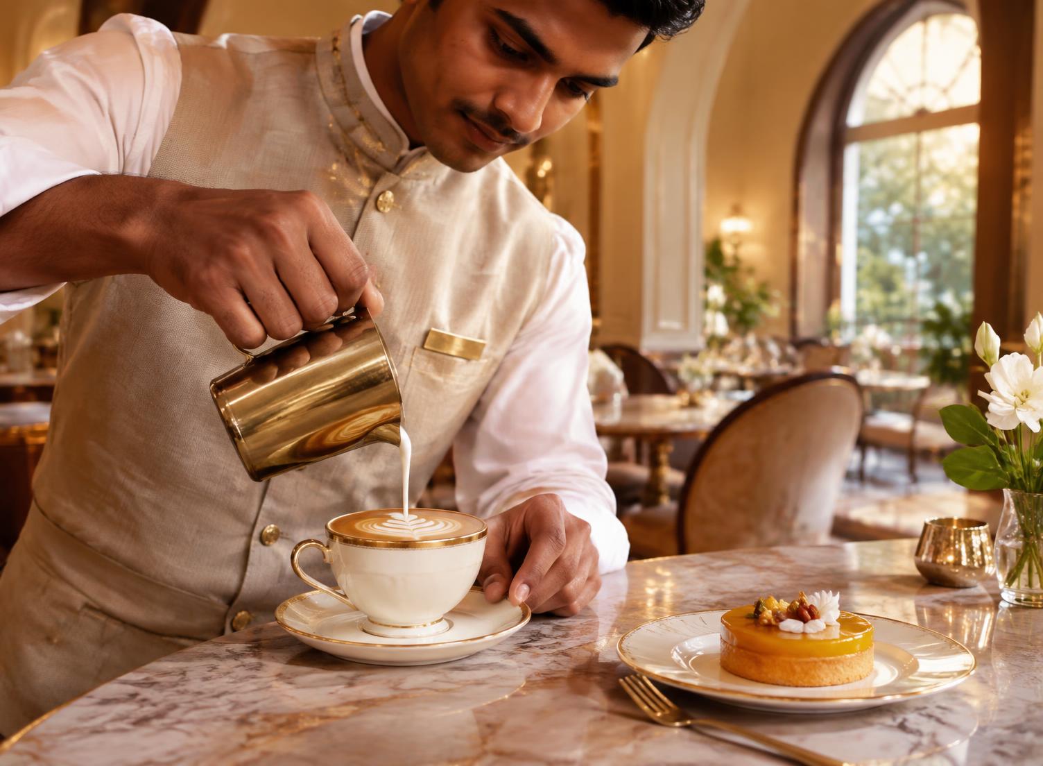 Barista pouring latte art at the café