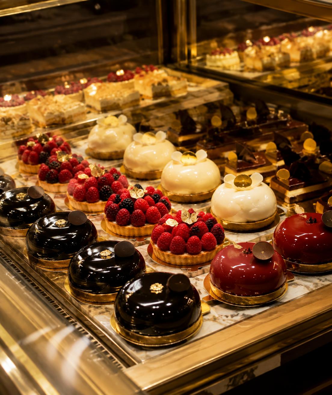 Glowing display of French entremets