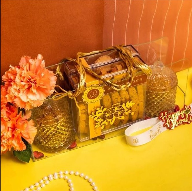 Golden gift hampers with marigold garlands