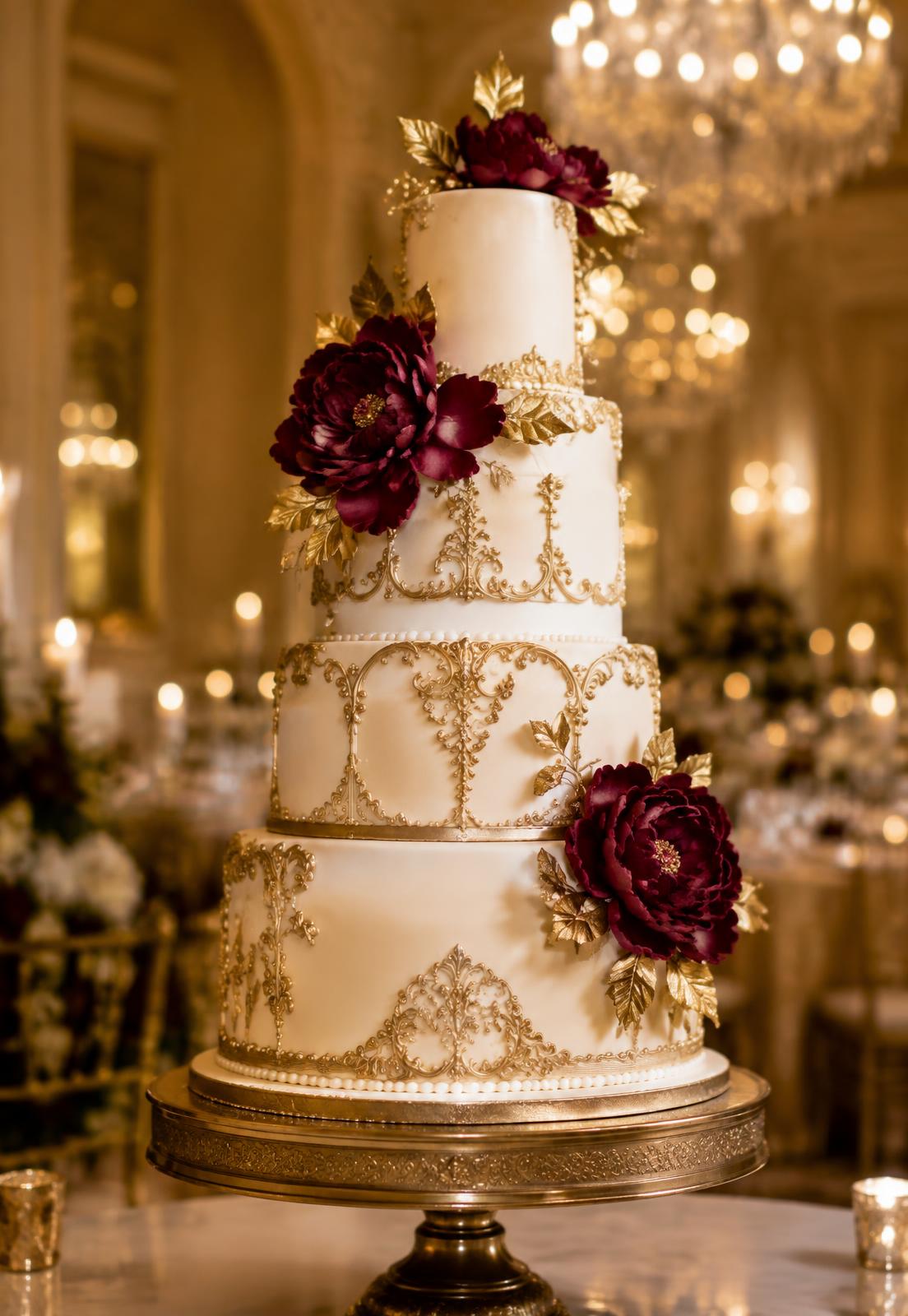 Four-tier wedding cake with maroon sugar peonies